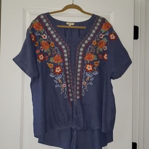 Embroidered tie front top